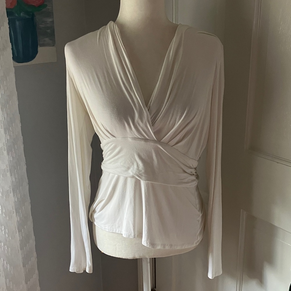 Brooks Brothers cream stretch jersey faux wrap top great for work M